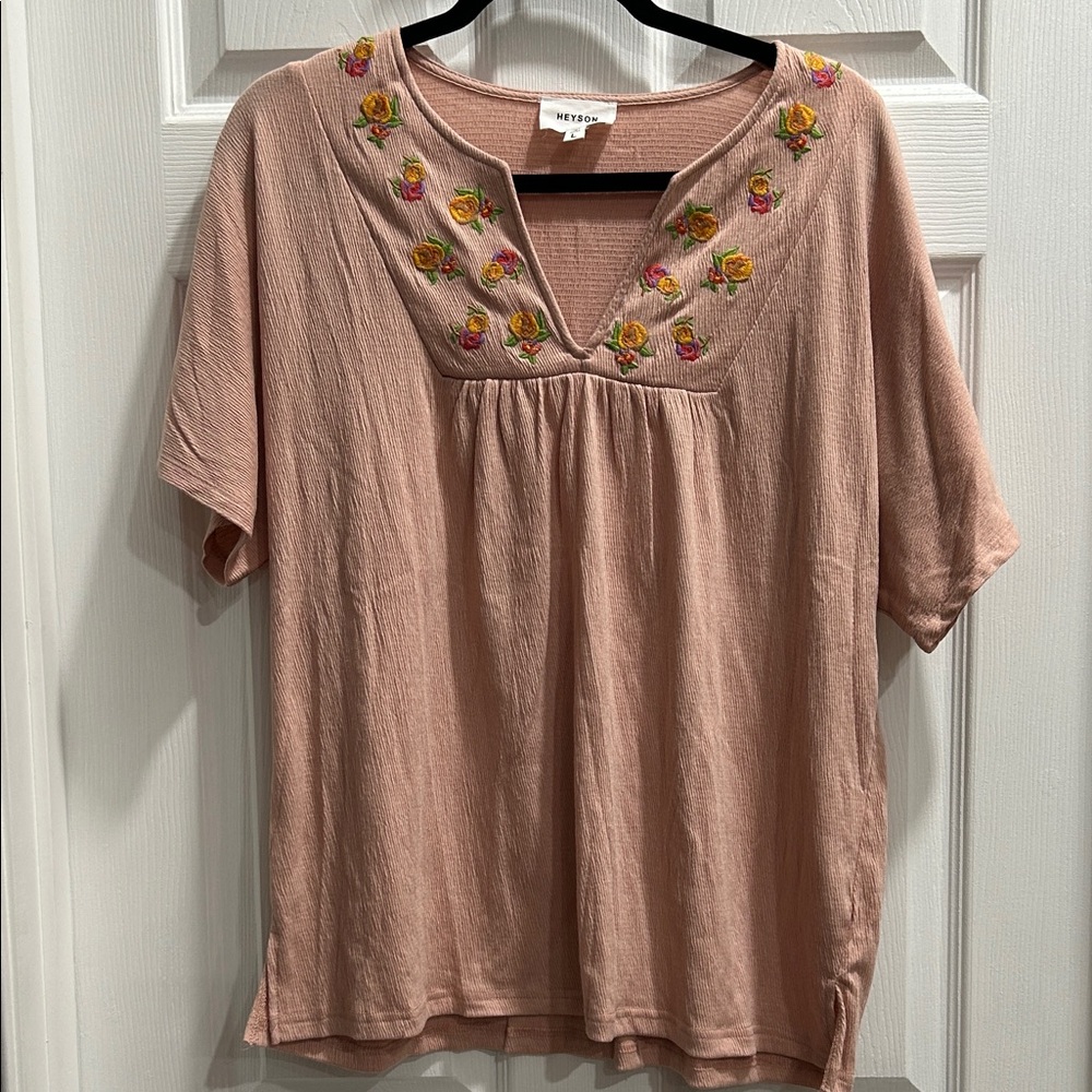 Women's Pink Floral Embroidered V-Neck Blouse